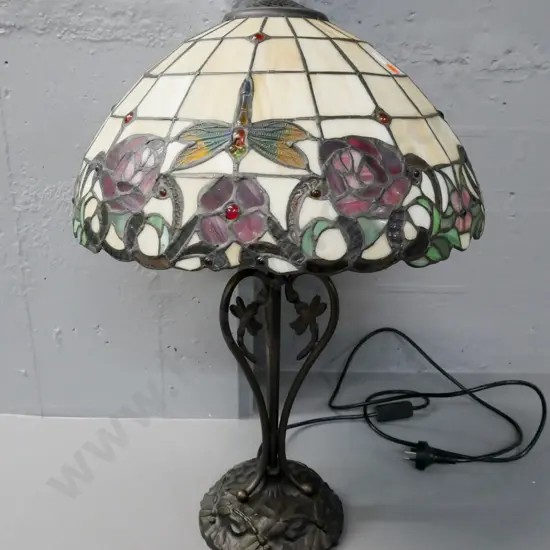 Tiffany style table lamp w/ cast metal dragonfly motif base, dragonfly & flower motif shade H-620 D-420