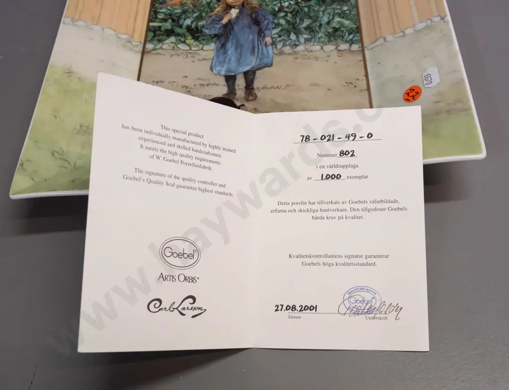 Goebel Artis Orbis series rectangular dish with Carl Larsson painting of a girl - edition of 802 of 1000, with paperwork Image 1++