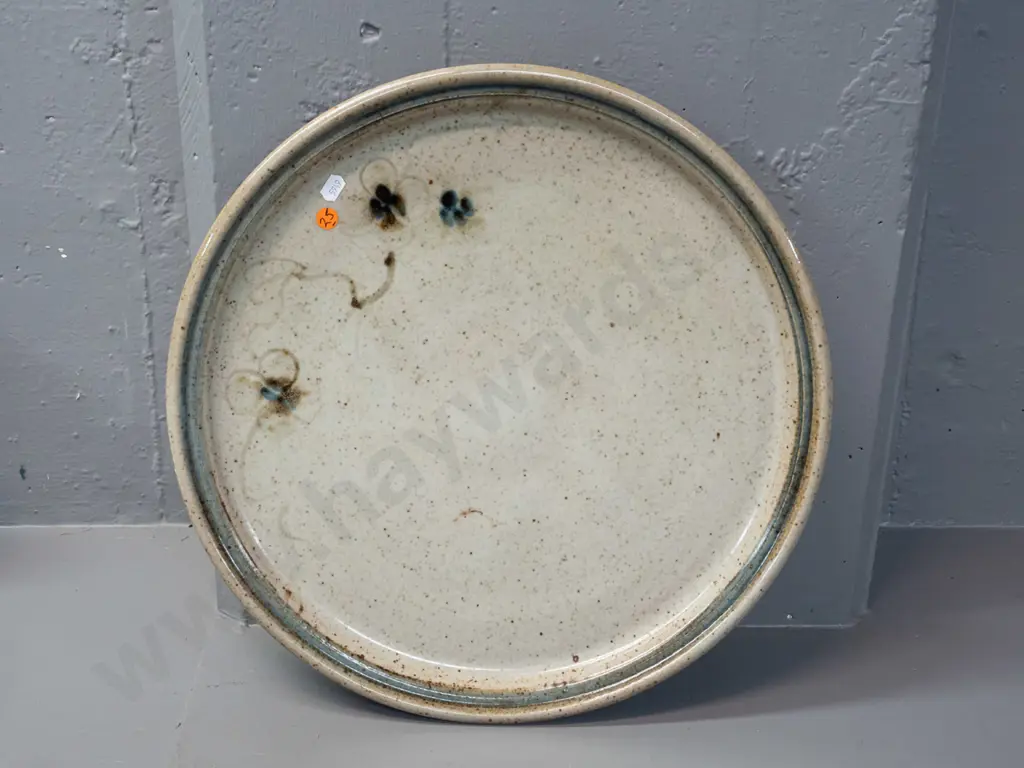 large New Zealand studio pottery platter - wood-fired glaze with floral or leaf motifs, slight firing flaw and a few Image 1++