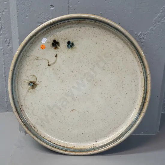 large New Zealand studio pottery platter - wood-fired glaze with floral or leaf motifs, slight firing flaw and a few