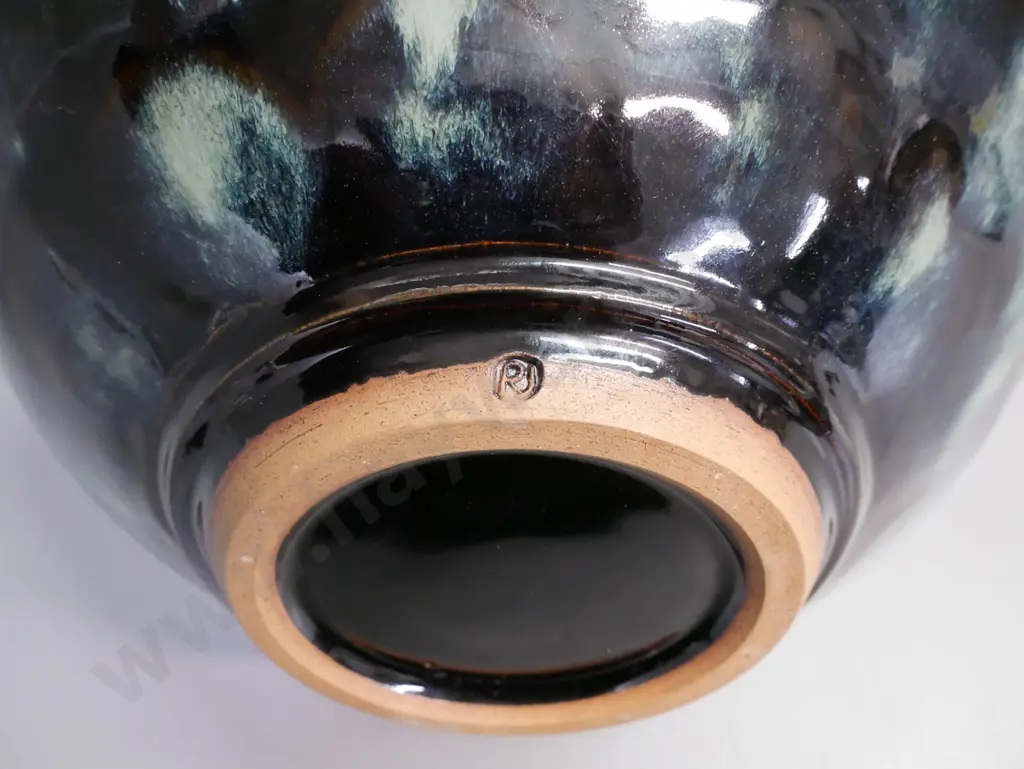 NZ studio pottery flared bowl, marked to base Riki Julin, glazed in blues & browns. H-85 D-255 Image 1++