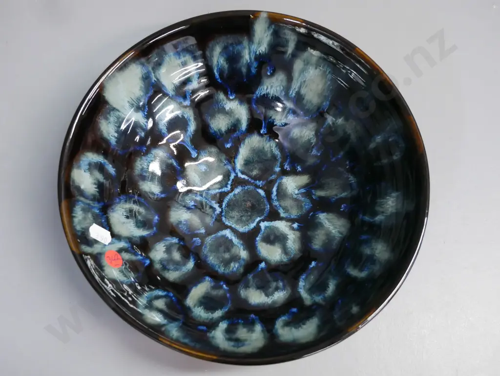 NZ studio pottery flared bowl, marked to base Riki Julin, glazed in blues & browns. H-85 D-255 Image 1++