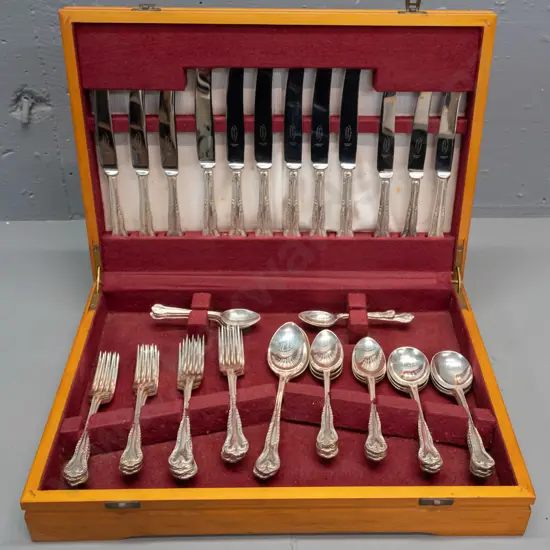 canteen of plated cutlery - John Barker, Sheffield - 6 place setting with serving spoons, one replacement teaspoon