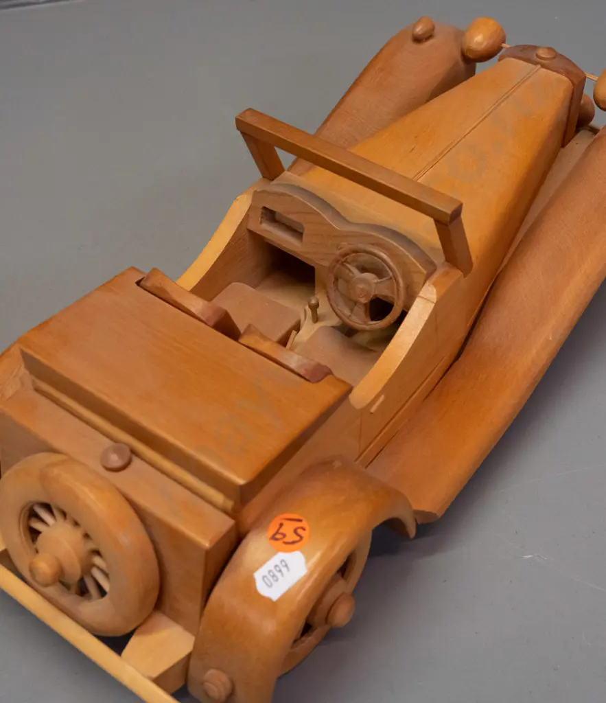 hand made mixed timbers model of 1937 Jaguar S.S. 100, marked made in Dunedin NZ by Dave (?) 1990 H-140 L-390 Image 1++