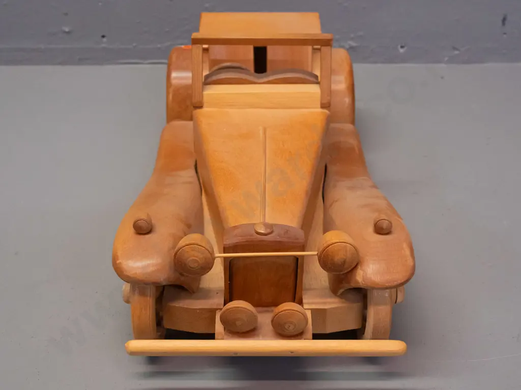 hand made mixed timbers model of 1937 Jaguar S.S. 100, marked made in Dunedin NZ by Dave (?) 1990 H-140 L-390 Image 1++