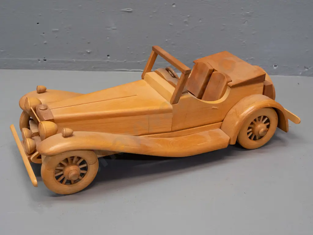 hand made mixed timbers model of 1937 Jaguar S.S. 100, marked made in Dunedin NZ by Dave (?) 1990 H-140 L-390 Image 1++