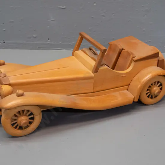 hand made mixed timbers model of 1937 Jaguar S.S. 100, marked made in Dunedin NZ by Dave (?) 1990 H-140 L-390