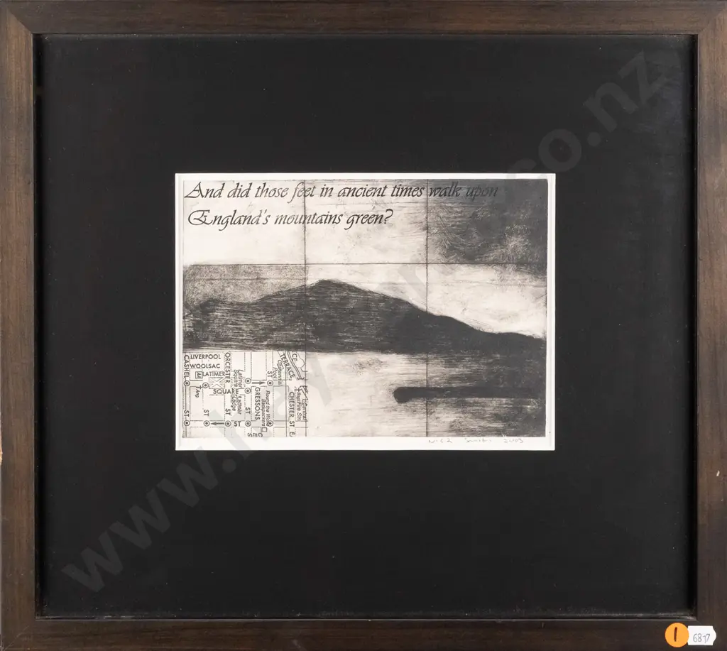 Nick Smith 2003 - framed print - landscape, poetry and map H150 W215 Image 1++