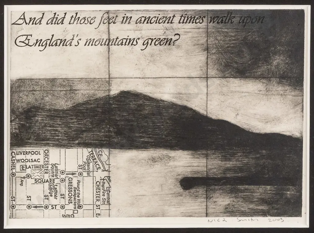 Nick Smith 2003 - framed print - landscape, poetry and map H150 W215 Image 1++