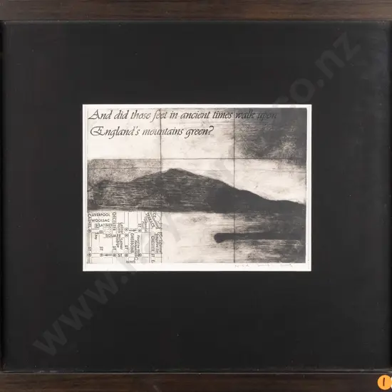 Nick Smith 2003 - framed print - landscape, poetry and map H150 W215
