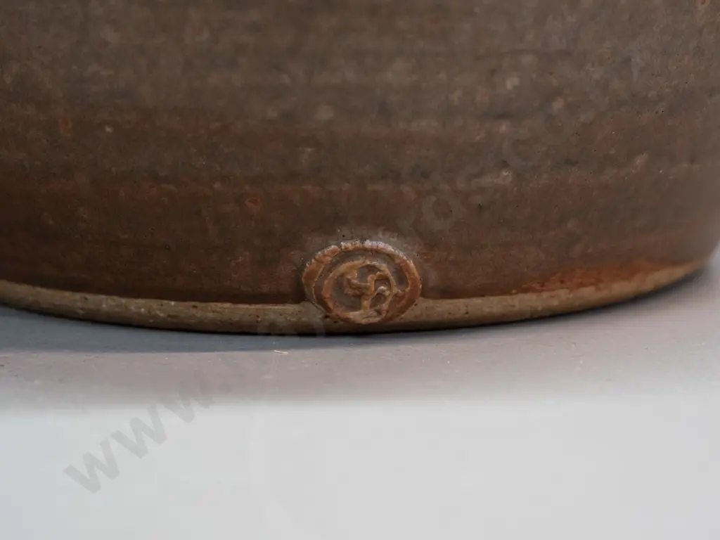 studio pottery handled jug w/ cork stopper impressed band of spiral decoration unknown makers mark H-290 D-200 Image 1++