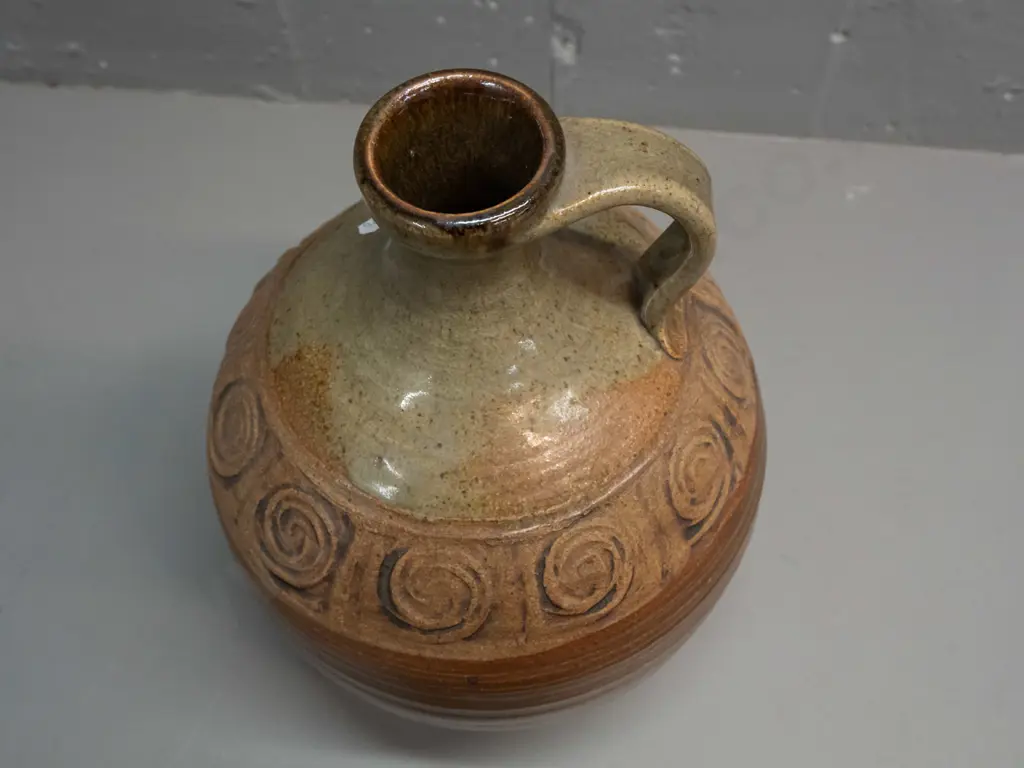 studio pottery handled jug w/ cork stopper impressed band of spiral decoration unknown makers mark H-290 D-200 Image 1++