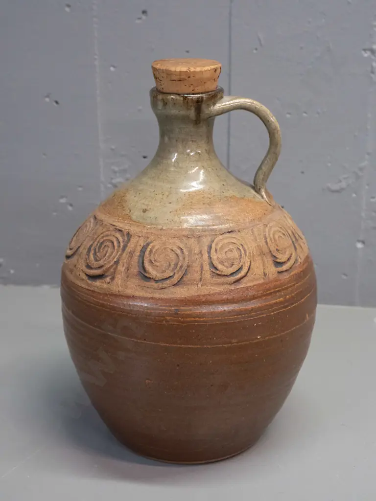studio pottery handled jug w/ cork stopper impressed band of spiral decoration unknown makers mark H-290 D-200 Image 1++