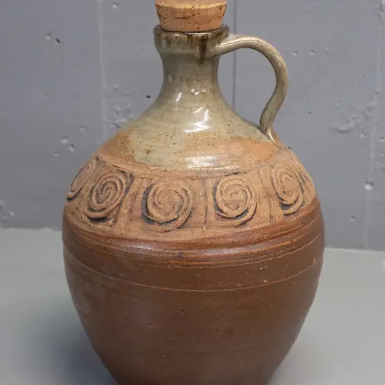 studio pottery handled jug w/ cork stopper impressed band of spiral decoration unknown makers mark H-290 D-200