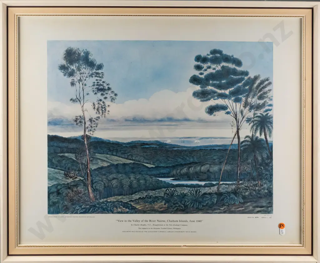 Charles Heaphy -- framed limited edition print "View in the Valley of the River Nairne, Chatham Islands, June 1840" ed. Image 1++