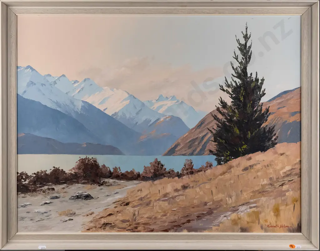 Kenneth Nelson -- framed oil on board "The Minarets from Eely Point Lake Wanaka" H-495 W-650 Image 1++