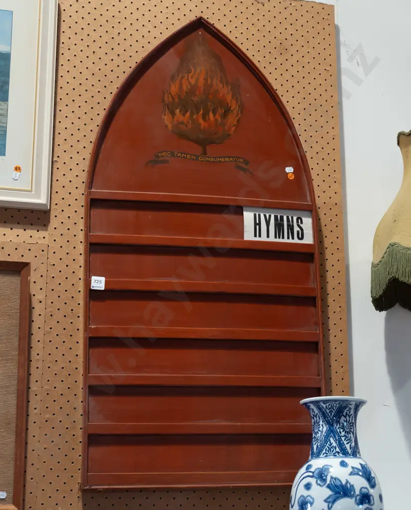 vintage rimu church hymn board with hand painted burning bush and "Nec tamen consumebatur" motto, Image 1++