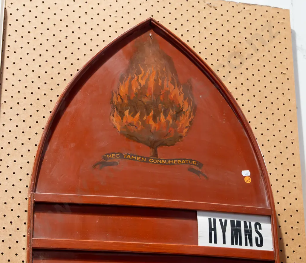 vintage rimu church hymn board with hand painted burning bush and "Nec tamen consumebatur" motto, Image 1++
