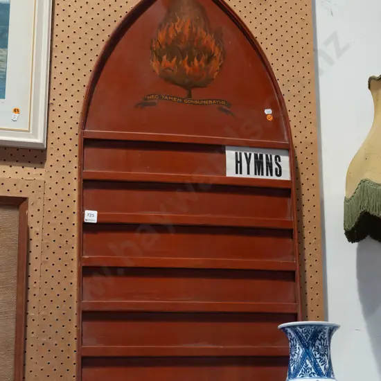 vintage rimu church hymn board with hand painted burning bush and "Nec tamen consumebatur" motto,
