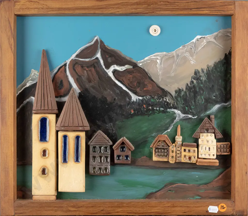 Harold Tyrie - framed ceramic relief on oil - house and mountain scene H320 W370 Image 1++