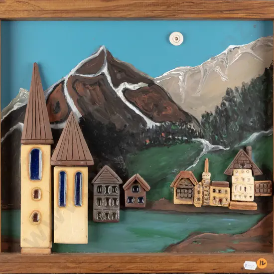 Harold Tyrie - framed ceramic relief on oil - house and mountain scene H320 W370