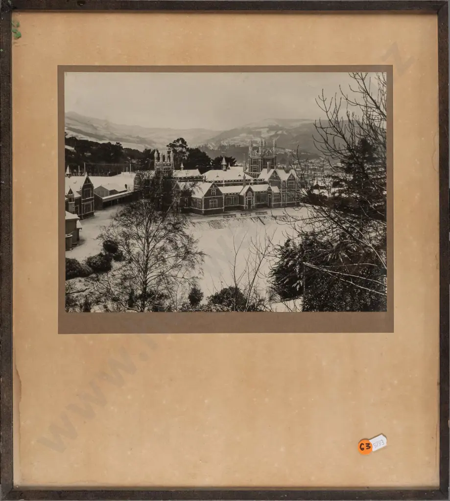 photographer unknown -- framed photograph, a view of Otago Boys High School in the snow, H-250 W-315 [water stain to Image 1++