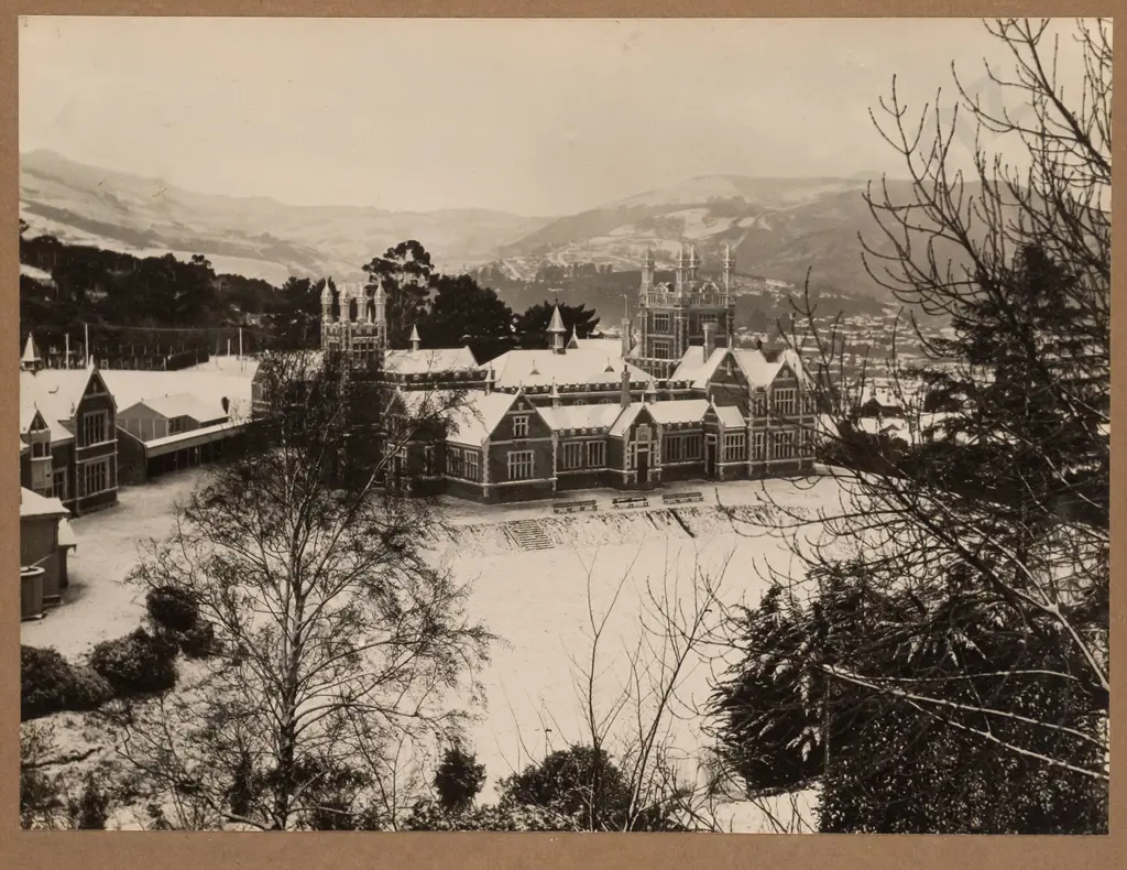 photographer unknown -- framed photograph, a view of Otago Boys High School in the snow, H-250 W-315 [water stain to Image 1++