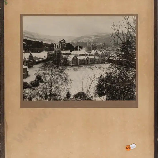 photographer unknown -- framed photograph, a view of Otago Boys High School in the snow, H-250 W-315 [water stain to