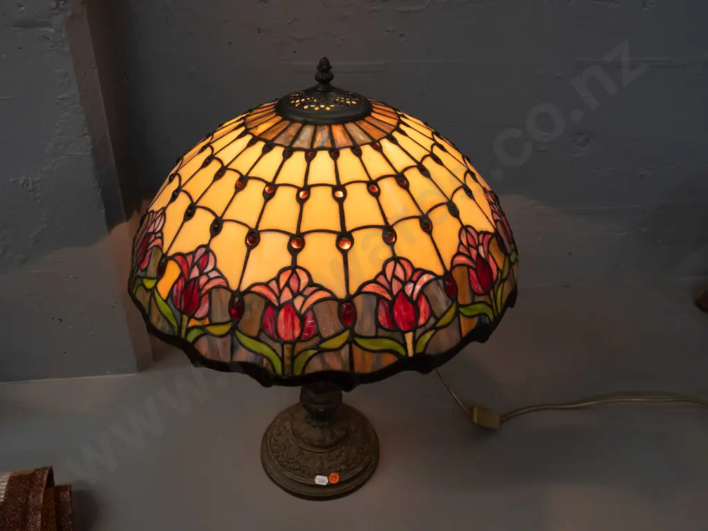 Tiffany style leadlight lamp shade on ornate classical style cast metal base H-590 Shade D-400 - some wear through Image 1++