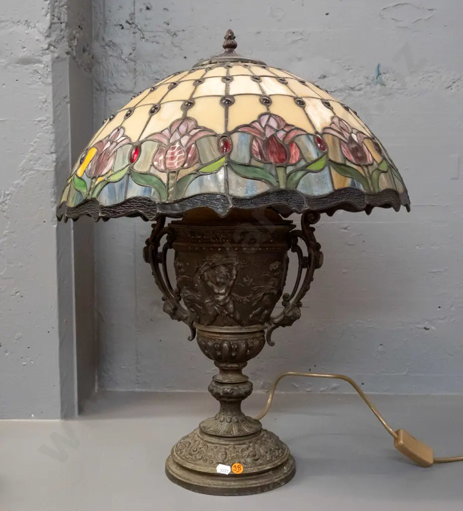 Tiffany style leadlight lamp shade on ornate classical style cast metal base H-590 Shade D-400 - some wear through Image 1++