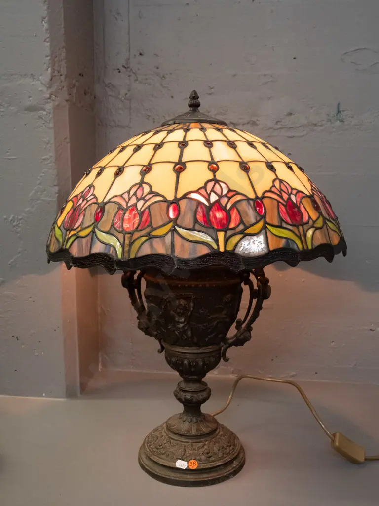 Tiffany style leadlight lamp shade on ornate classical style cast metal base H-590 Shade D-400 - some wear through Image 1++