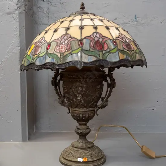 Tiffany style leadlight lamp shade on ornate classical style cast metal base H-590 Shade D-400 - some wear through