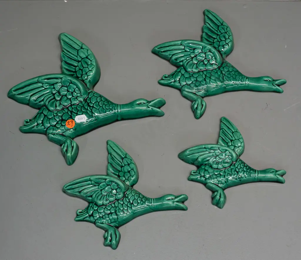 graduated set of 4 green-glazed flying ducks, no maker's marks, majolica style glaze - largest one has minor firing Image 1++