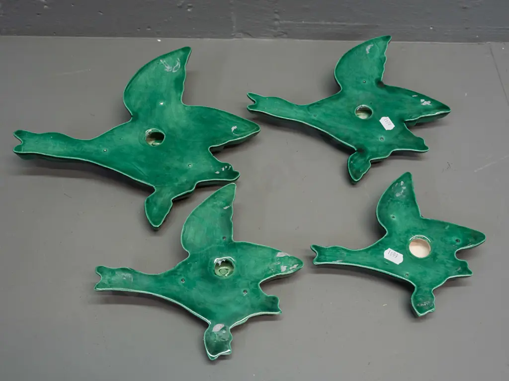 graduated set of 4 green-glazed flying ducks, no maker's marks, majolica style glaze - largest one has minor firing Image 1++