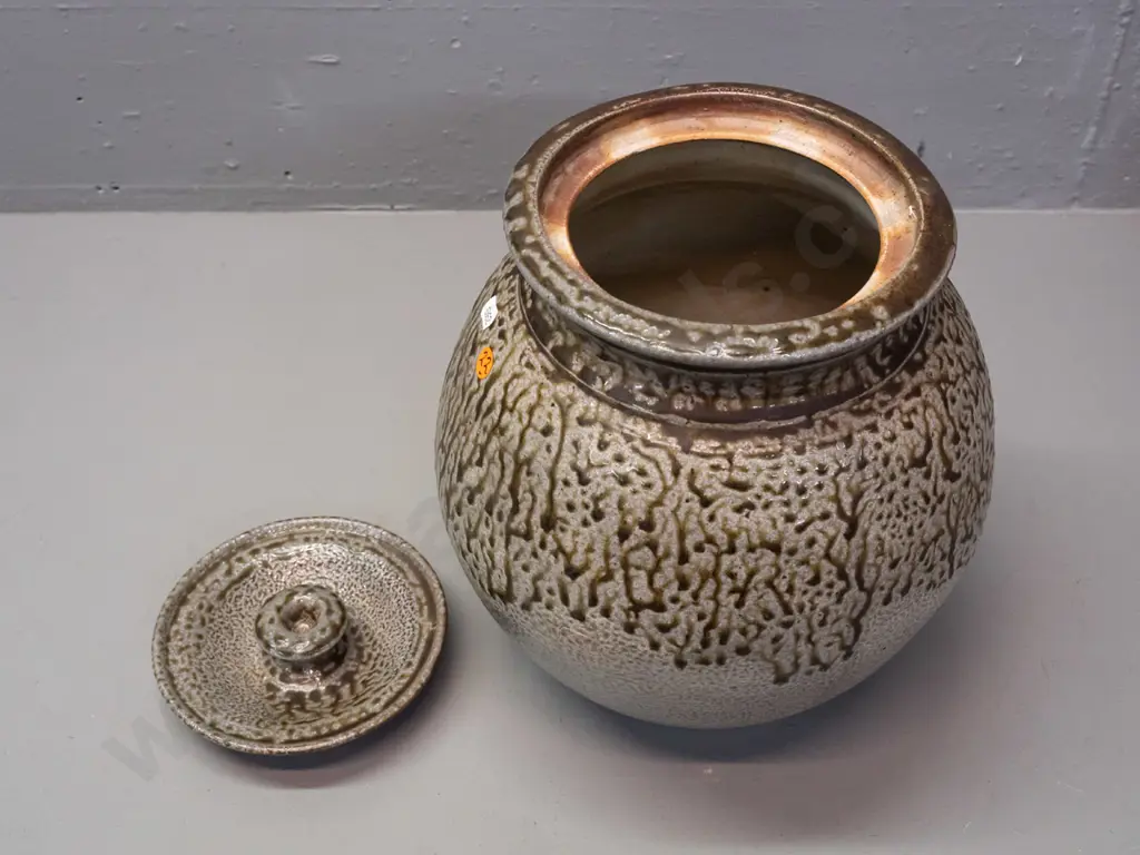 large New Zealand pottery salt-glazed lidded pot - unknown mark MC? - staining inside. H-290 D-200 Image 1++