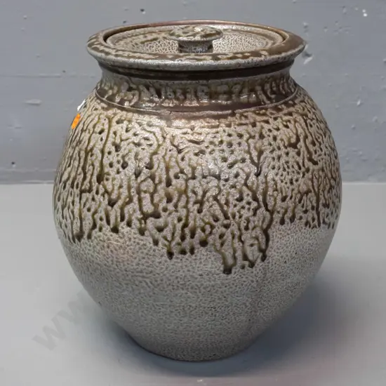 large New Zealand pottery salt-glazed lidded pot - unknown mark MC? - staining inside. H-290 D-200