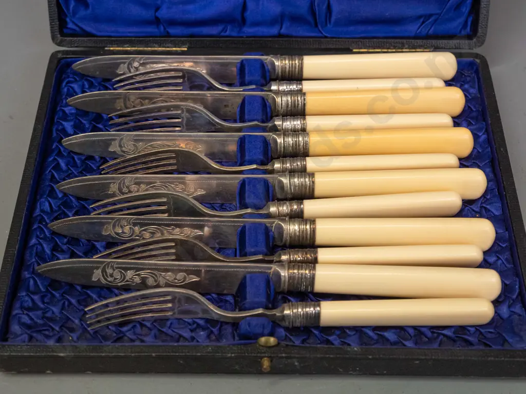 cased set of silver plated small bone handled knives and forks with etched patterned blades - some discolouration. Image 1++