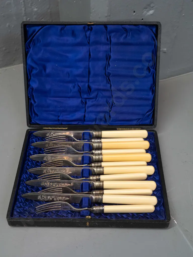 cased set of silver plated small bone handled knives and forks with etched patterned blades - some discolouration. Image 1++