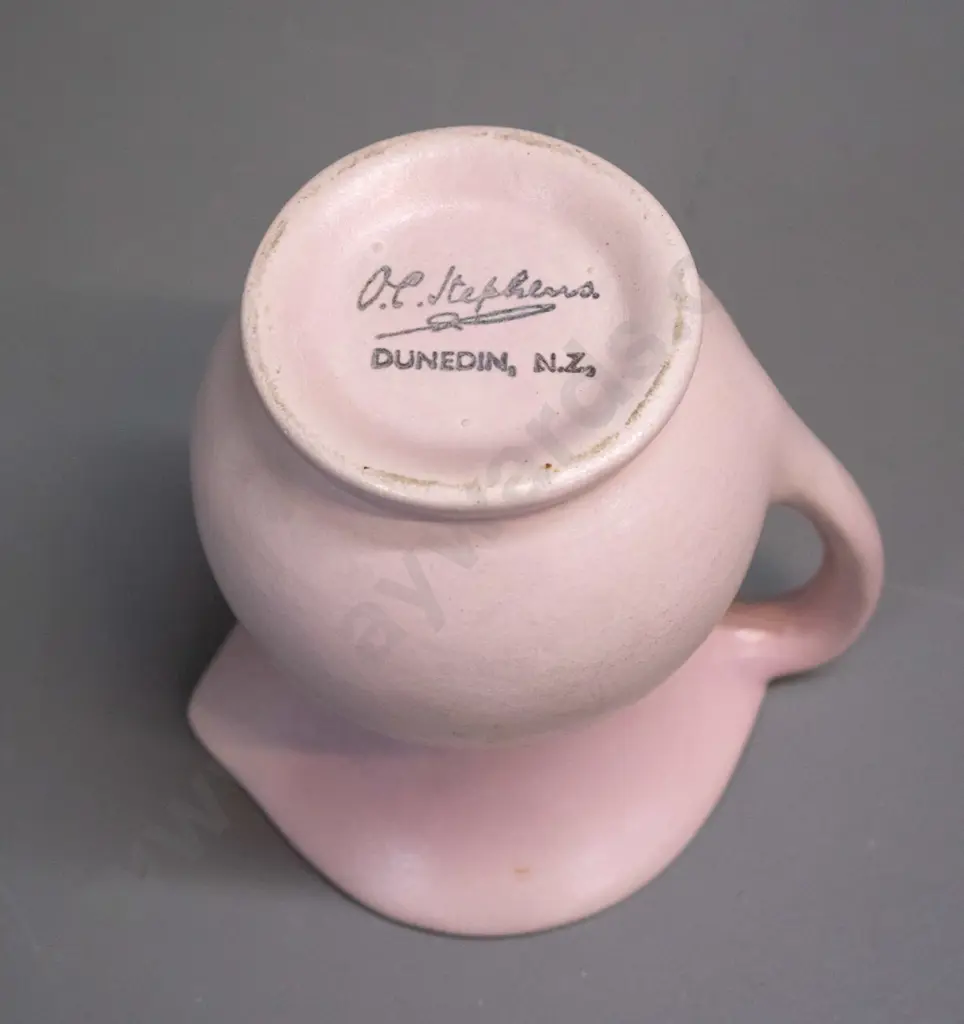 O.C. Stephens pottery - pink jug with aqua interior H-135 W-130 handle to spout Image 1++