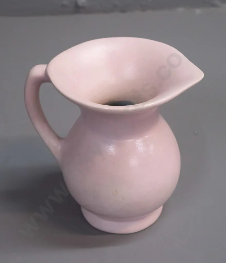 O.C. Stephens pottery - pink jug with aqua interior H-135 W-130 handle to spout Image 1++