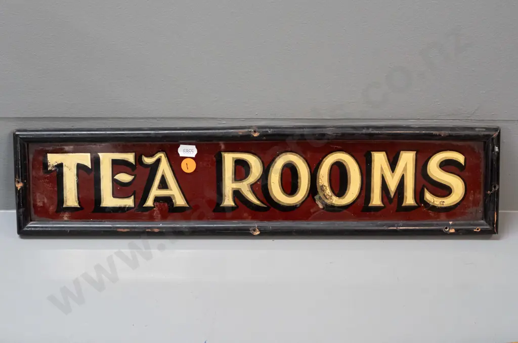 small wood-framed hand painted glass "Tea Rooms" sign - screw holes and splits to frame, some discolouration to gilt and Image 1++