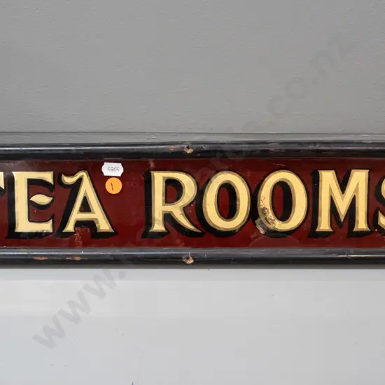 small wood-framed hand painted glass "Tea Rooms" sign - screw holes and splits to frame, some discolouration to gilt and