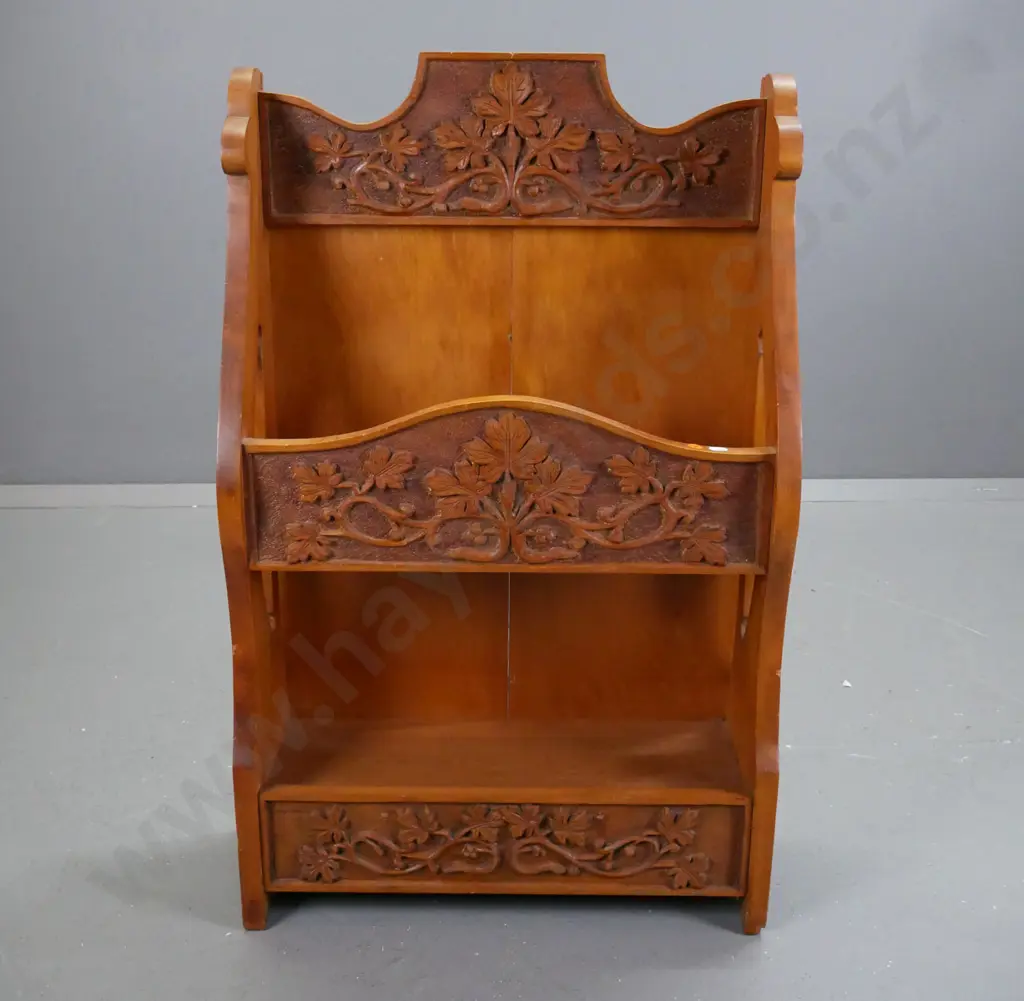 vintage kauri and rimu shelf unit with foliate and grape motif chip-carved panels, pierced sides - some chips to bottom Image 1++