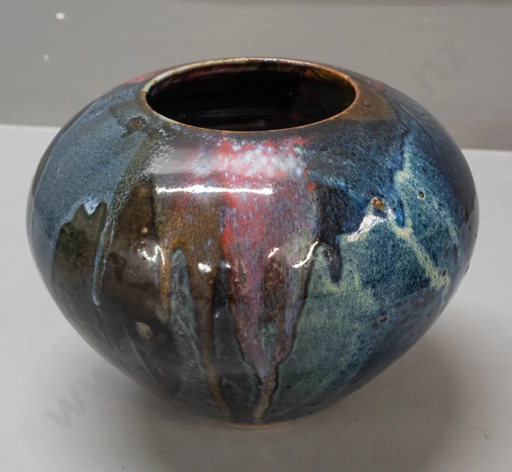 New Zealand studio pottery vase in multi-colour drip glaze, maker's mark R or RS? H-150 D-200 Image 1++