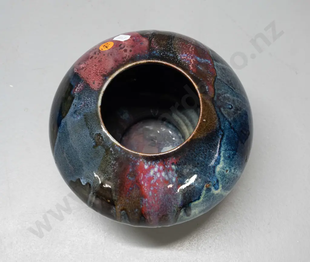New Zealand studio pottery vase in multi-colour drip glaze, maker's mark R or RS? H-150 D-200 Image 1++