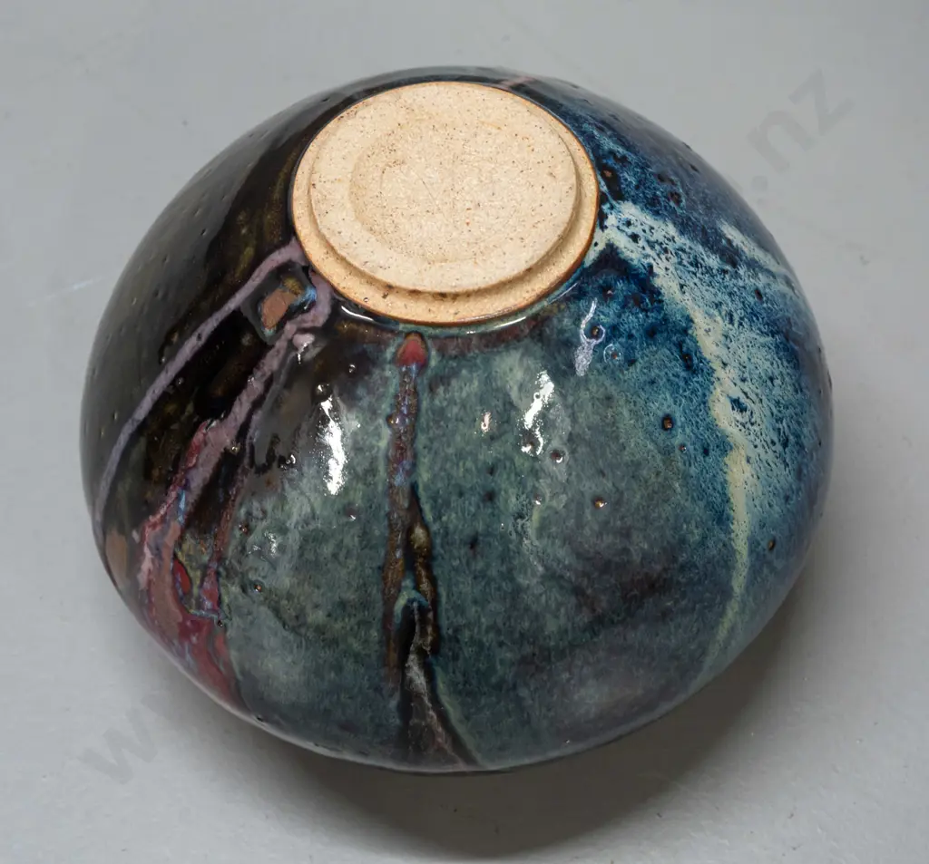 New Zealand studio pottery vase in multi-colour drip glaze, maker's mark R or RS? H-150 D-200 Image 1++