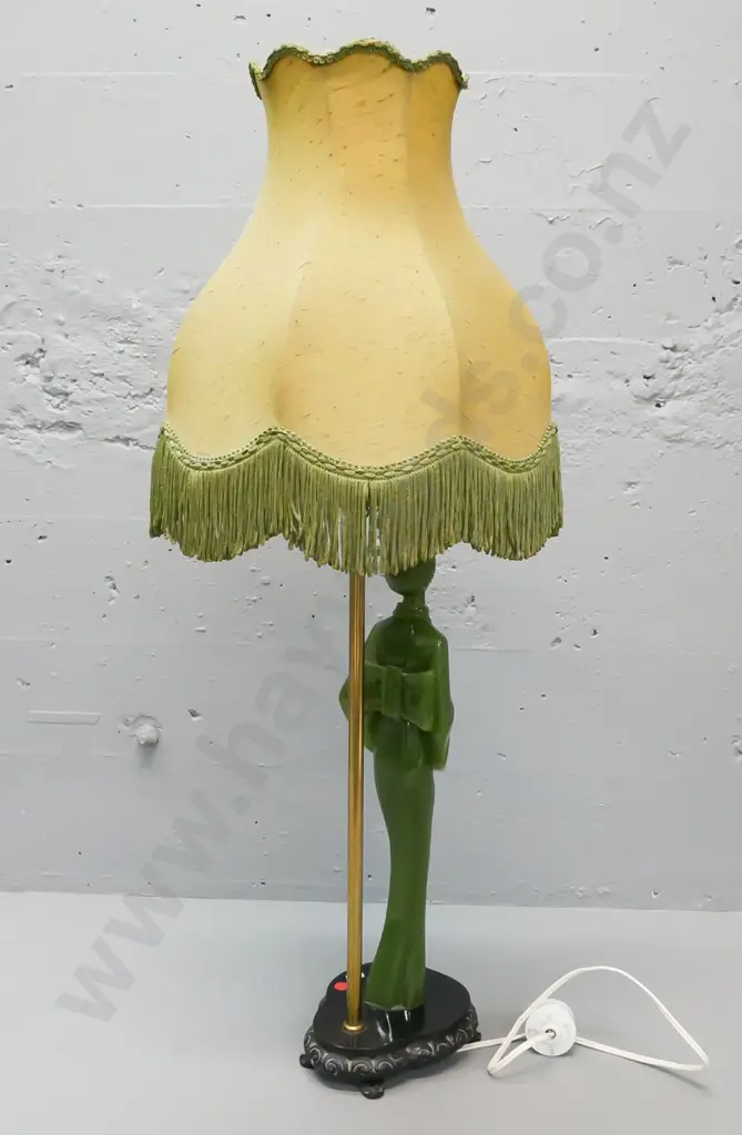 Table lamp by Marble Art NZ, composite Asian figure on shaped base with scrolling feet. Waisted frilled shade. Working. Image 1++