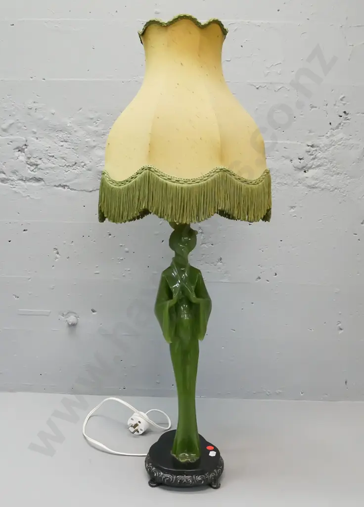 Table lamp by Marble Art NZ, composite Asian figure on shaped base with scrolling feet. Waisted frilled shade. Working. Image 1++