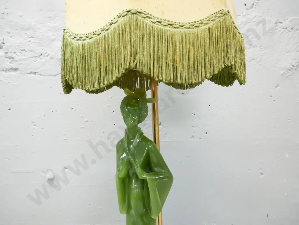 Table lamp by Marble Art NZ, composite Asian figure on shaped base with scrolling feet. Waisted frilled shade. Working. Image 1++
