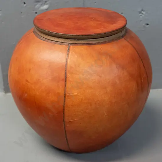 lidded studio pottery pot with leather covering - has break through pottery layer of lid H-200 D-200 - label for B.N.R.